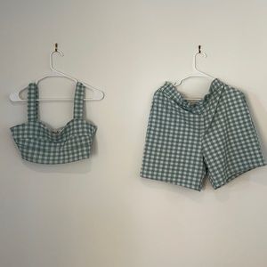 COPY - Teal gingham cotton set with bralette and high waist easy shorts